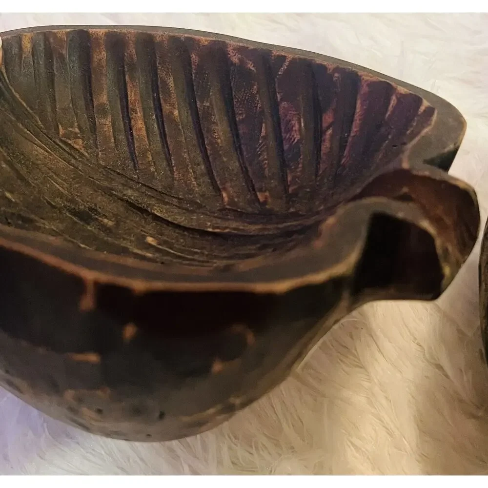 Set 2 Mango Wood Bowls Leaf Hand Carved Decor‎ Vintage Boho Tropical Indonesia